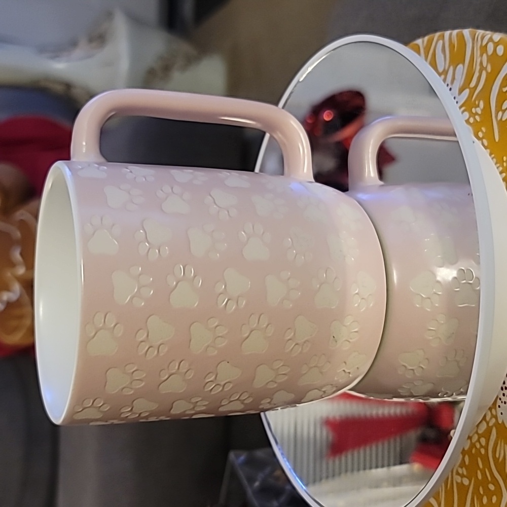Market Finds Debossed Ivory Paw Prints Pastel Pink Ceramic Coffee Mug